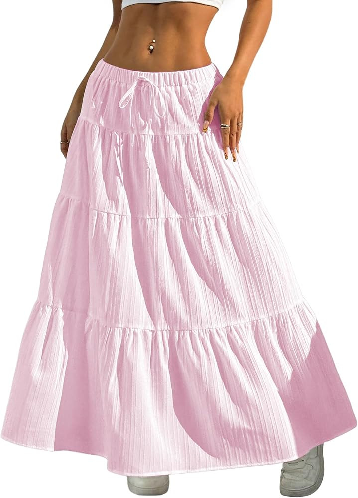 Verdusa Women's Long Maxi Skirt 2026 Boho Flowy Flared Ruffle Skirts Beach Vacation Spring Going ... | Amazon (US)