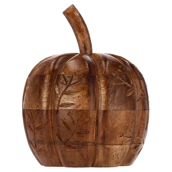 Wood Carved Short Pumpkin Tabletop Decoration, Brown, 6.75", Fall by Way To Celebrate | Walmart (US)