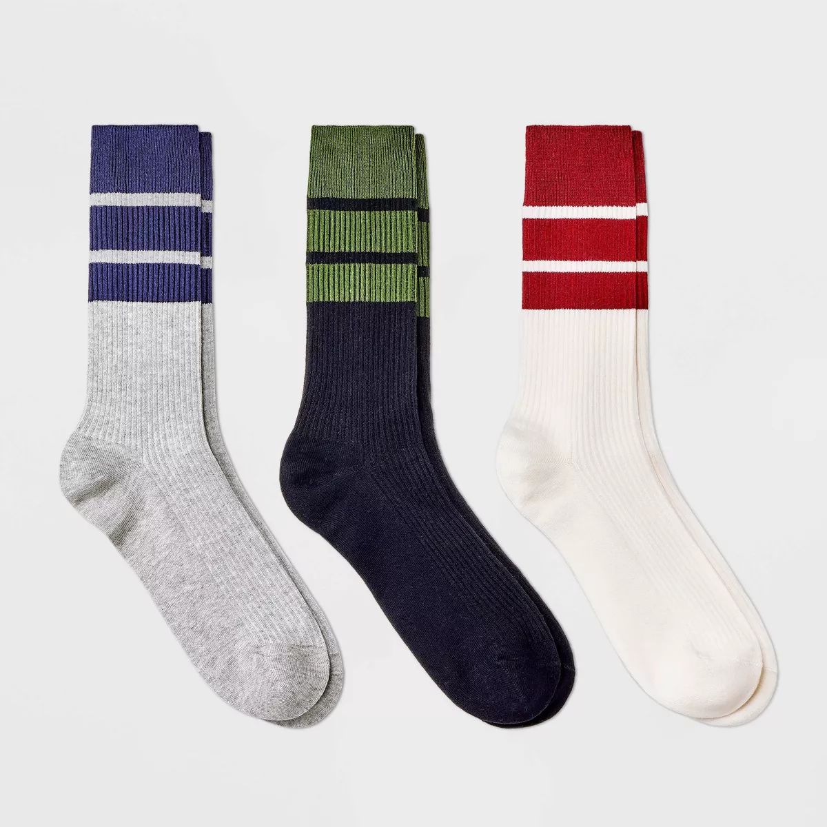 Men's Striped Ribbed Crew Socks 3pk - Goodfellow & Co™ Blue/Green/Red 6-12 | Target