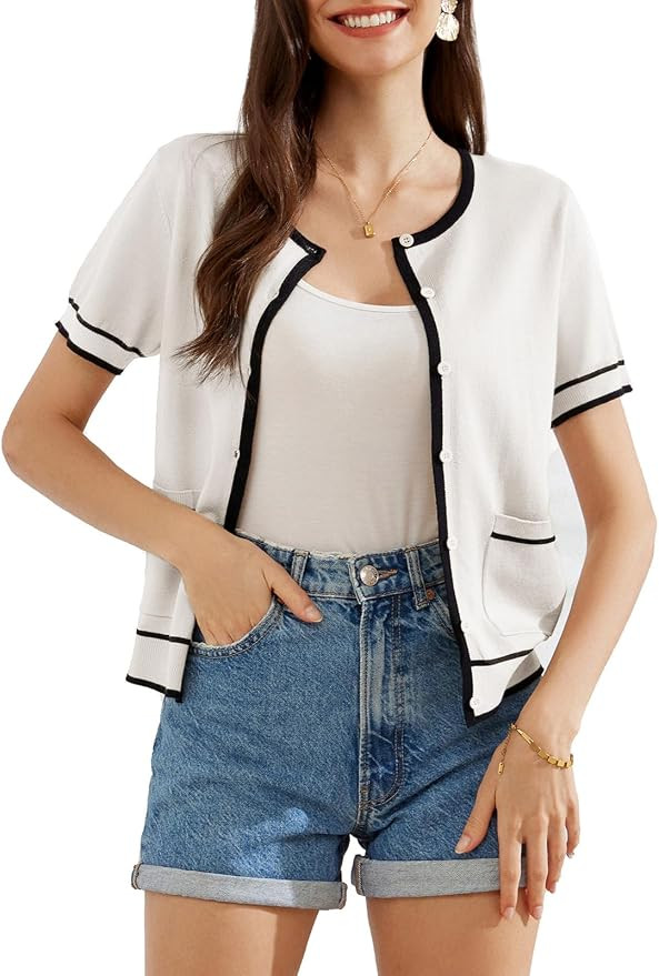 GRACE KARIN Short Sleeve Contrast Cardigan Sweaters for Women Summer Casual Striped Button Down B... | Amazon (US)