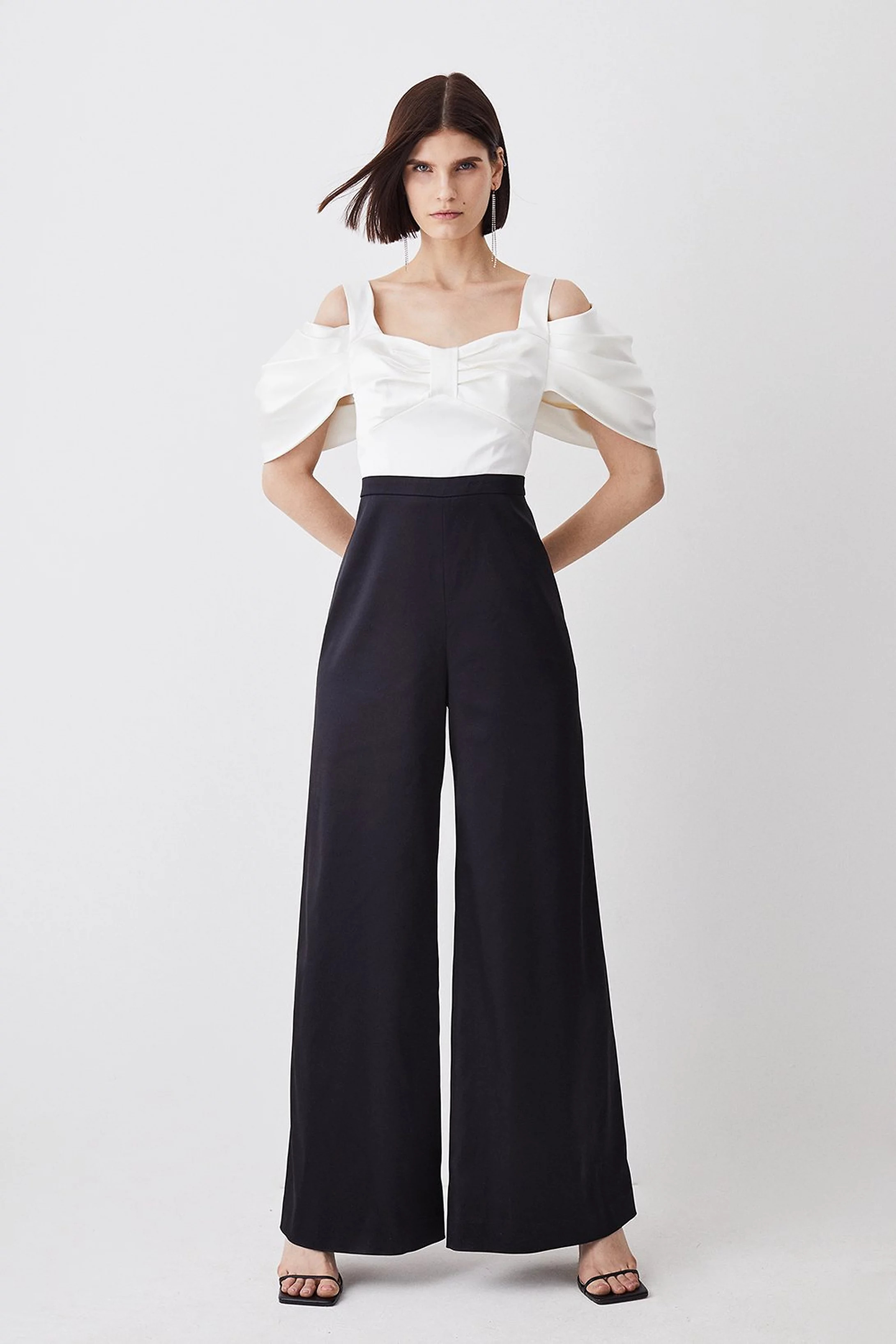 Italian Structed Satin Bandeau Wide Leg Jumpsuit | Karen Millen US