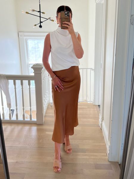 Bronze midi skirt and draped mock neck tank
Wearing small in both