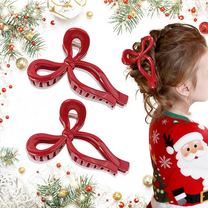 2PCS Red Christmas Bow Claw Clips for Women - Non-Slip Hair Claws for Holiday Parties, Festive Ha... | Amazon (US)