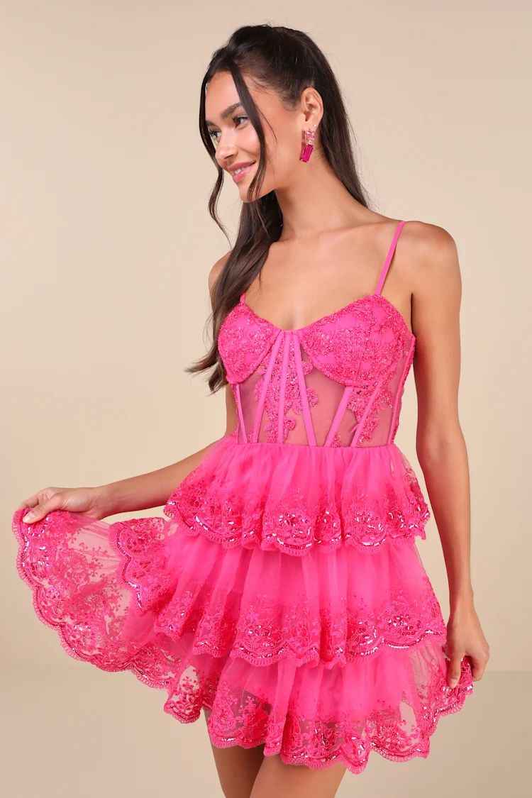 Exquisite Drama Hot Pink Embroidered Sequin Tiered Mini Dress | Lulus