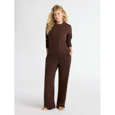 Joyspun Women's Fleece Long Sleeve Top and Straight Leg Pants Lounge Set, 2-Piece, Sizes XS-3X | Walmart (US)