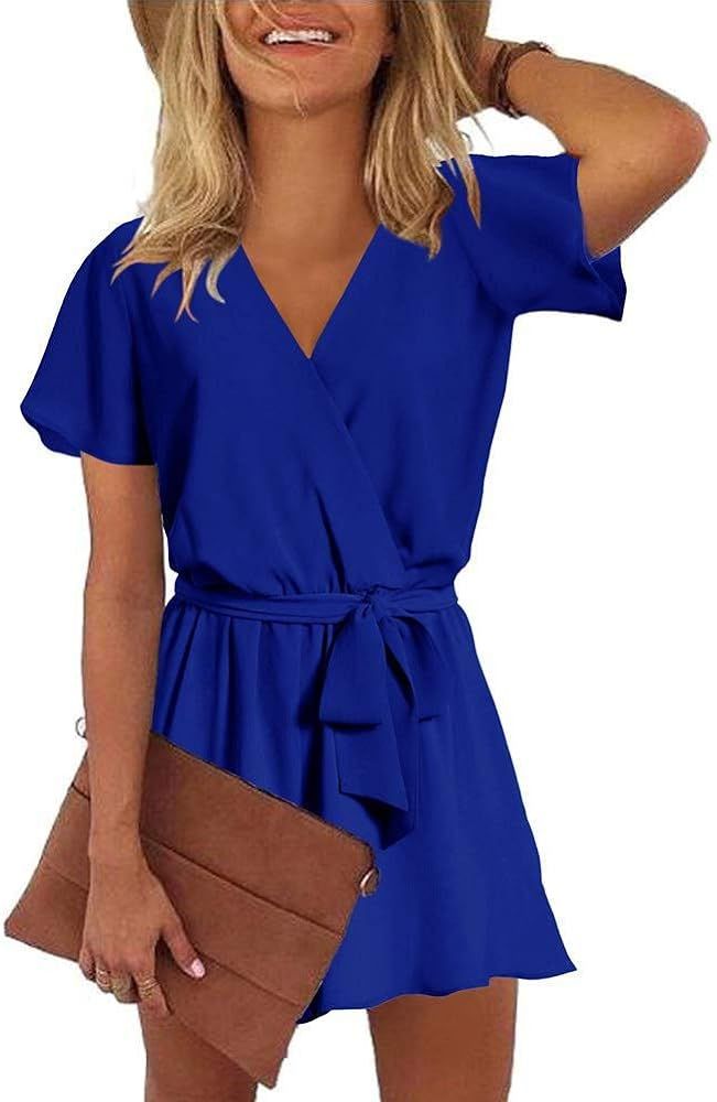 Womens Summer V Neck Ruffles Short Sleeve Belted Wrap Short Jumpsuit Rompers | Amazon (US)