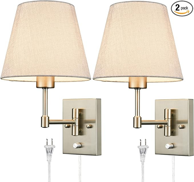 SAMTEEN Swing Arm Wall Sconces Set of Two Plug in Wall Lamp with Grey Fabric Shade and On Off Swi... | Amazon (US)