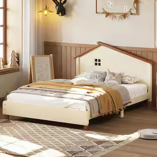 Cream and Walnut Full Size Wooden Platform Bed with House-Shaped Headboard | The Home Depot