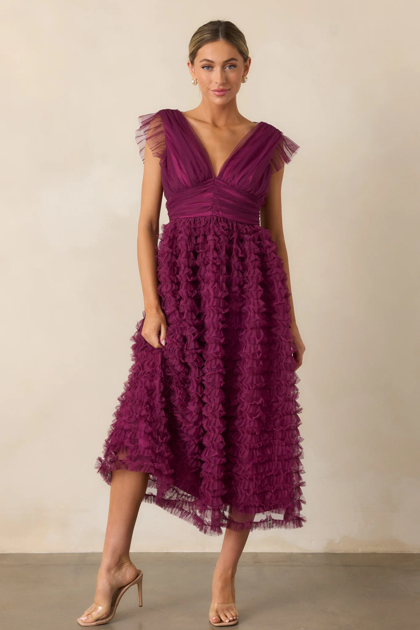 Fearless Hearts Plum Ruffle Midi Dress | Red Dress