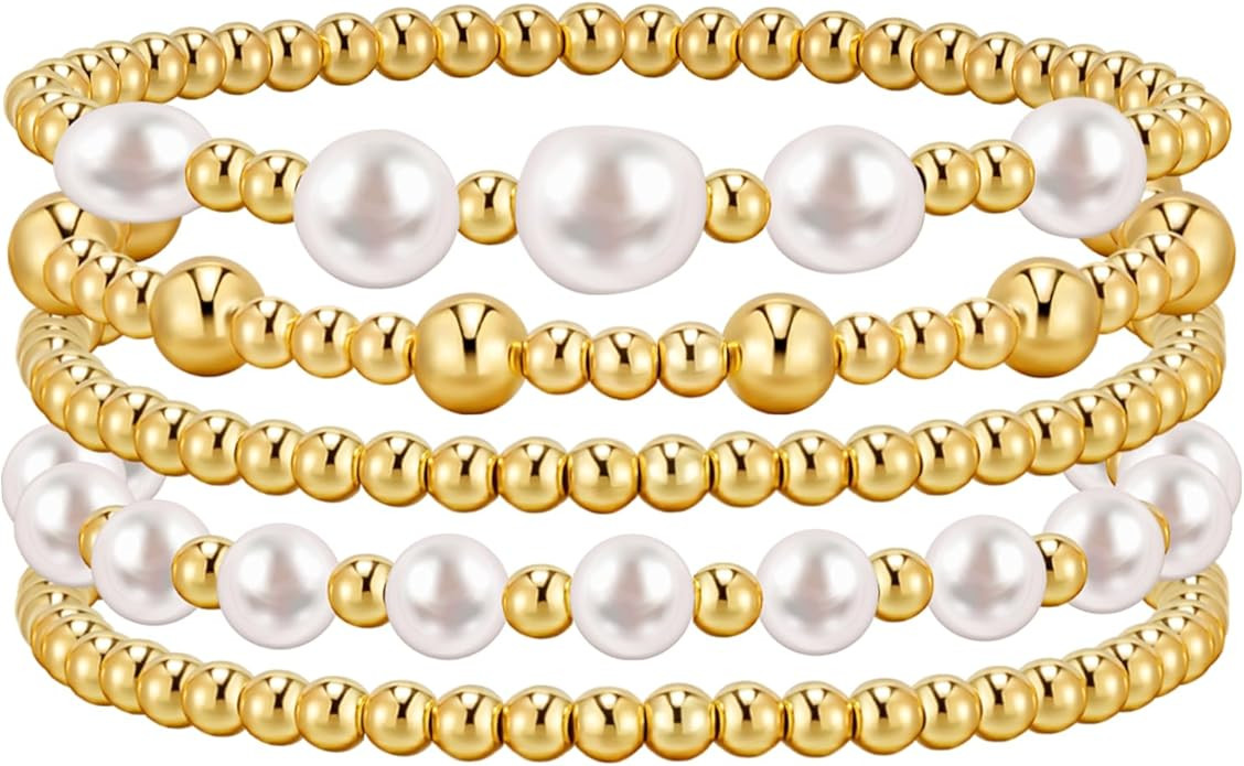 adoyi Gold Bracelets for Women Beaded Bracelet 14K Gold Plated Bracelet Stack Strand Stretch Bead... | Amazon (US)