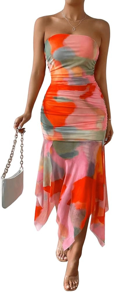 MakeMeChic Women's Tie Dye Sleeveless Tube Dress Strapless Ruched Asymmetrical Ruffle Midi Dress | Amazon (US)
