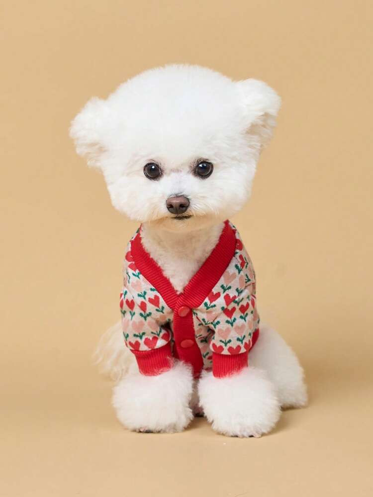 Pet Cardigan Sweater With Button Closure, Cute Heart Print, Warm For Cats & Dogs In Autumn/Winter | SHEIN