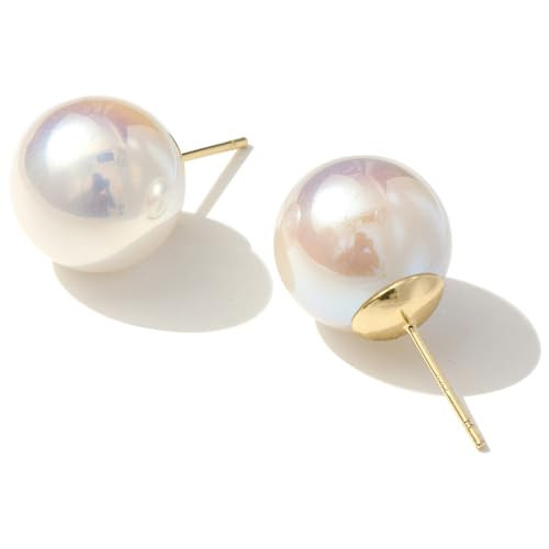 Big Pearl earrings - 14K Gold Plated Silver Simulated Shell Wedding Pearl Earrings for Brides 12mm Big White Pearls Earring, Large Pearls Earring Studs Hypoallergenic (P12) | Amazon (US)