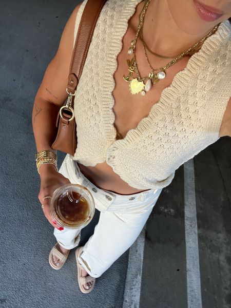 5/28/24 Casual summer outfit 🫶🏼 Summer outfit inspo, summer fashion, summer fashion trends 2024, sweater vest, sweater vest outfits, cream jeans, cuffed jeans, white jeans, summer jeans, summer pants, free people outfits, free people summer fashion, platform sandals, Steve Madden sandals, summer sandals, summer shoes

