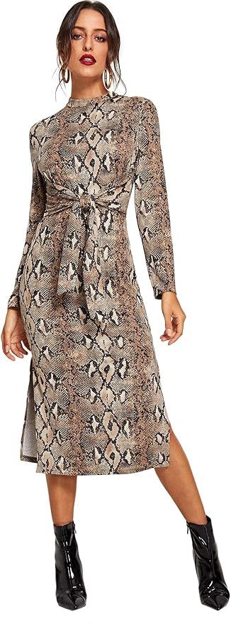 Floerns Women's Snakeskin Print Long Sleeve Tie Waist Midi Dress | Amazon (US)