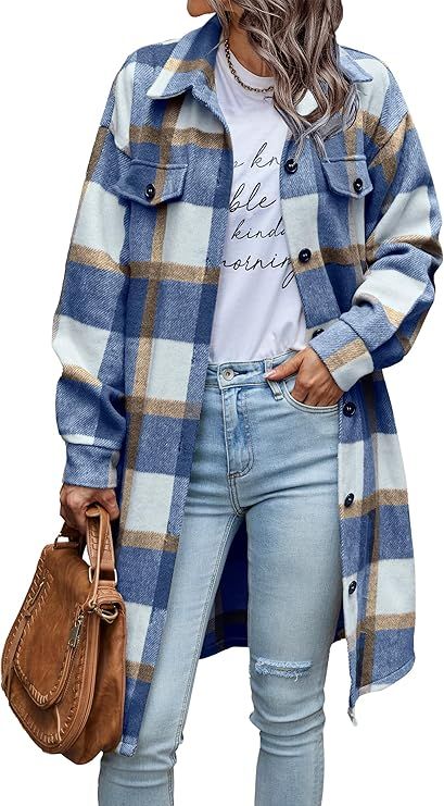 PRETTYGARDEN Women's Plaid Shacket 2023 Long Sleeve Button Up Flannel Shirt Winter Tartan Jacket ... | Amazon (US)