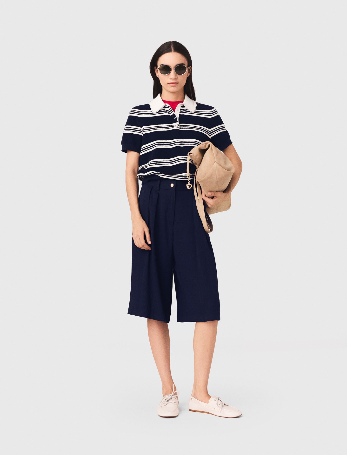 Striped polo with rhinestone collar Ecru for Women | Maje | Maje EU