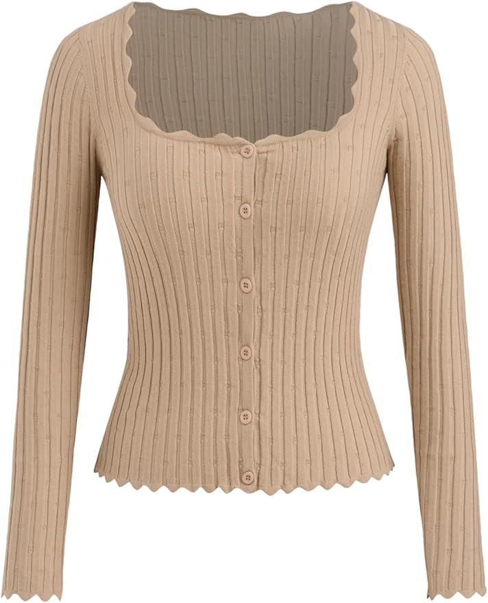 CIDER Women’s Ribbed Knit Crop Cardigan Long Sleeve Square Neck Button Down Shirts Slim it Tops | Amazon (US)