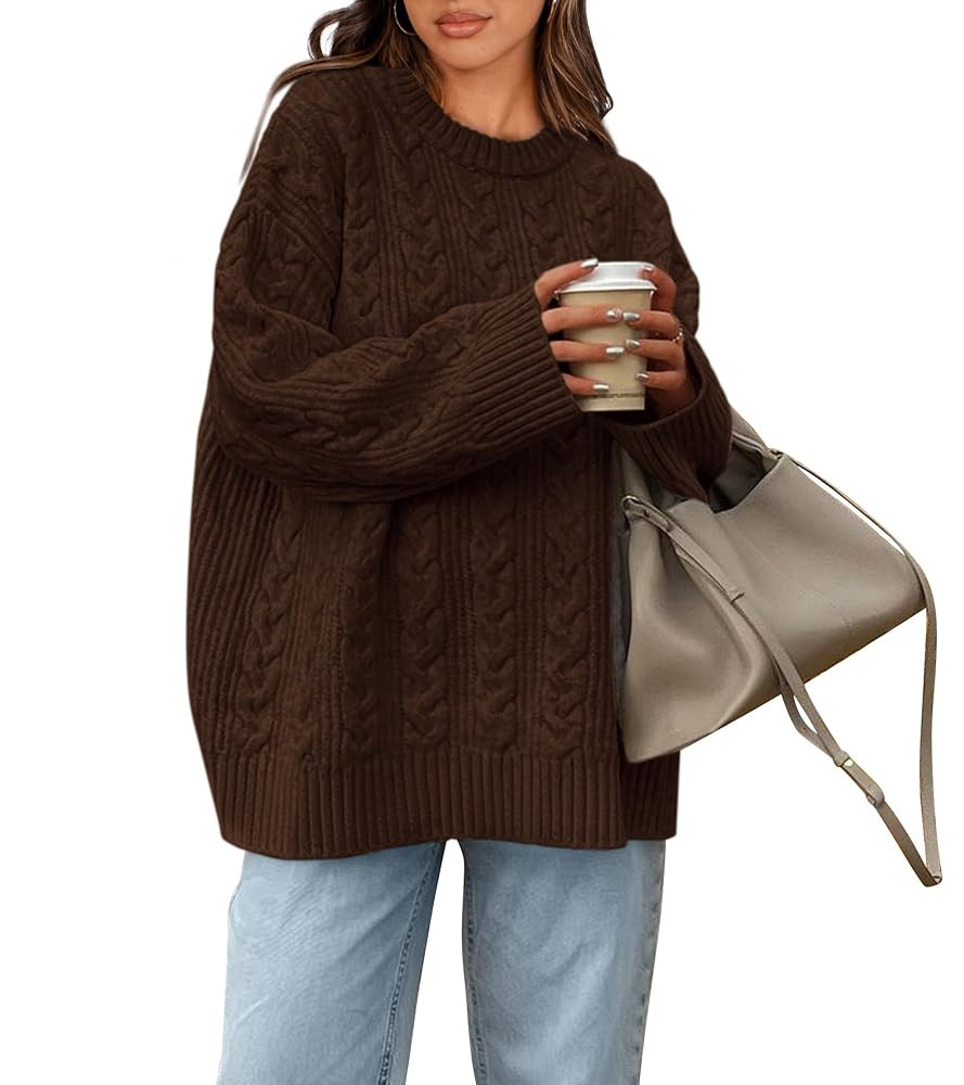 Okiwam Women's Oversized Sweaters Crewneck Cable Knit Pullover Casual Loose Fall Outfits Fashion ... | Amazon (US)