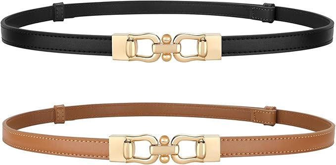 SUOSDEY 2 Pack Women's Skinny Leather Belt for Dresses Thin Waist Belt Faux Leather Belt for Ladi... | Amazon (US)