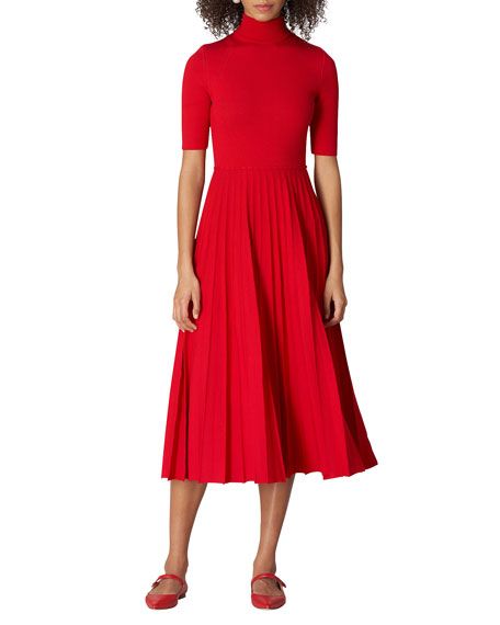 Carolina HerreraHigh-Neck Pleated Fit-&-Flare Midi Dress | Neiman Marcus