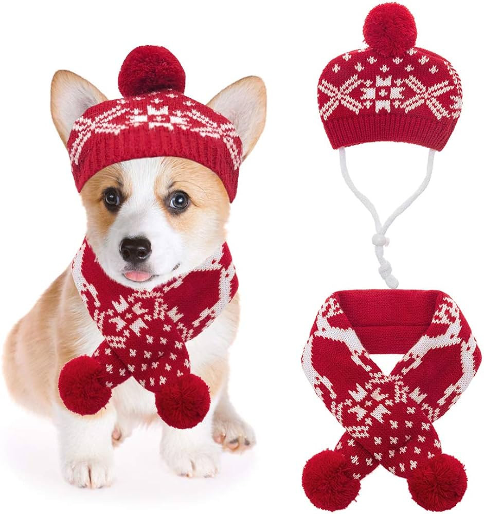 Mihachi Dog Costumes Hat Scarf Set Knit Snowflake Reindeer Print 2 Pcs Winter Warm Clothes for Sm... | Amazon (US)
