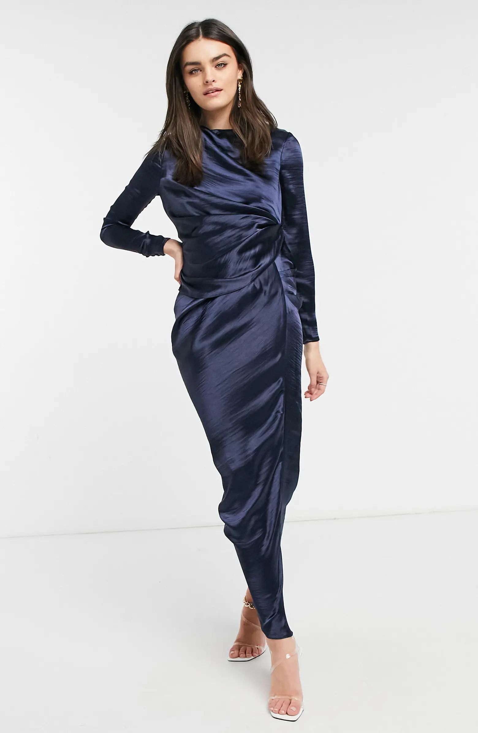 Long Sleeve Satin Draped Maxi Dress | Nordstrom