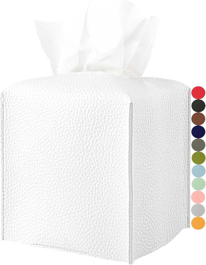 Tissue Holder White Tissue Box Cover – Square Leather Tissue Cover Box with Bottom Belt, Decora... | Amazon (US)