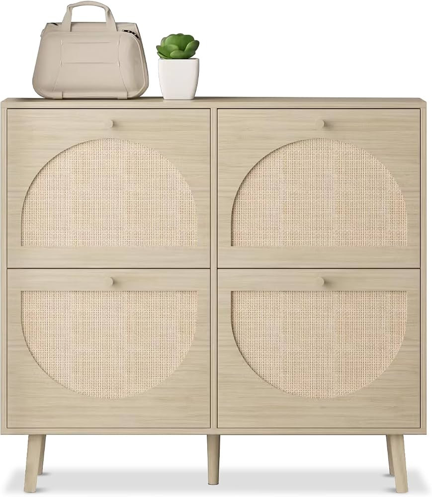 4 Drawer Shoe Cabinet with Rattan Front Narrow Flip-Down Door Entryway Shoe Storage Furniture Nat... | Amazon (US)
