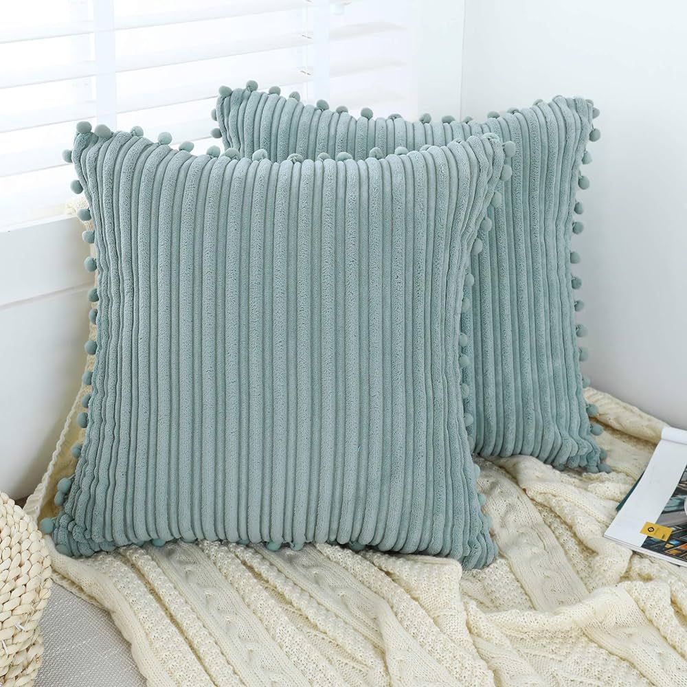 Oirpro Grey Blue Pillow Covers 18x18 inch with Pom-poms Set of 2 Corduroy Farmhouse Boho Accent D... | Amazon (US)