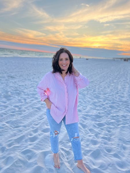 Pink ruffle button down! The key to this oversized look is just sizing up a few sizes for that effortless look!! 

#LTKstyletip #LTKSeasonal #LTKmidsize