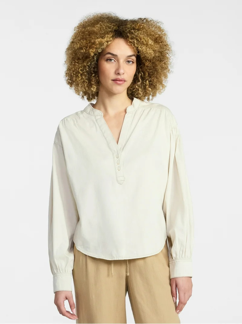 Time and Tru Women's Popover Denim Top with Long Sleeves, Sizes XS-XXXL | Walmart (US)