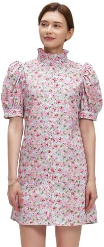 Women Summer Floral Mini Dress Ruffle Neck Puffer Sleeve Boho Beach Shift Dresses | Amazon (US)