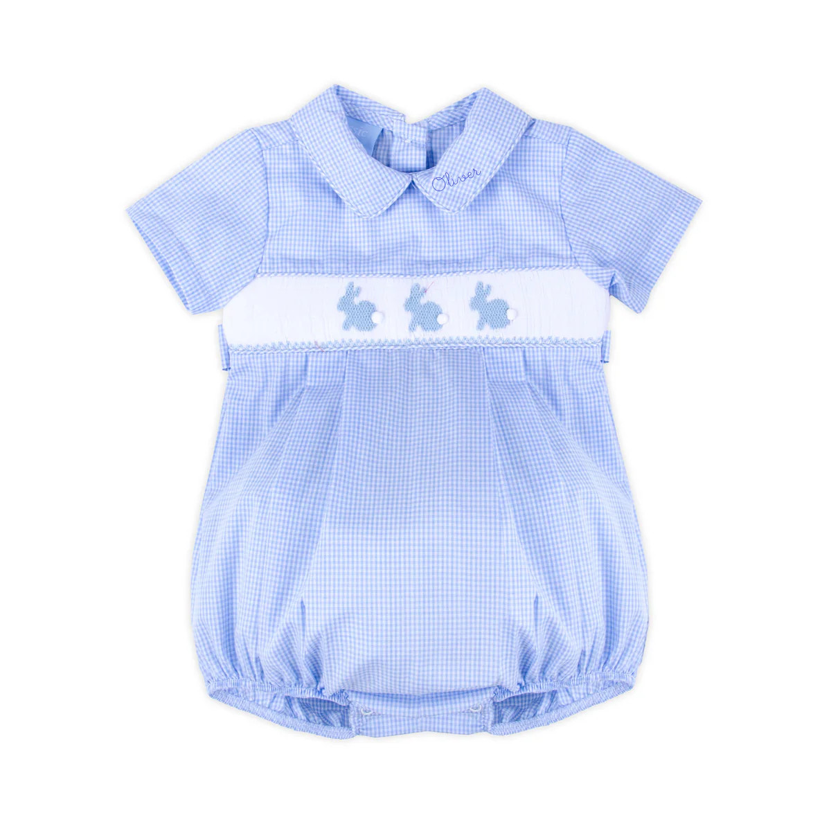 Enchanted Bunny Blue Gingham Smocked Collared Bubble | Classic Whimsy