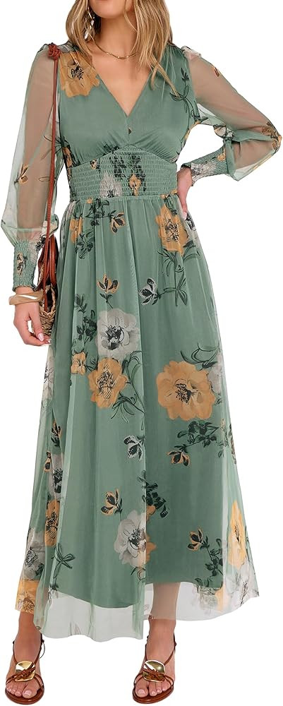 ANRABESS Women's Floral Maxi Dress 2025 Fall V Neck Puff Long Sleeve Flowy Casual Wedding Guest T... | Amazon (US)