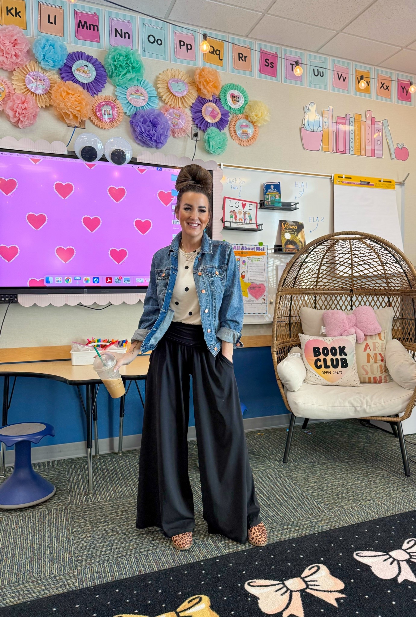 Such an easy and comfy look! I love￼ that polka dots are back! 🖤🤍 these pants feel like butter and the top is a long sleeve and so soft too!

Target style, denim, jacket, jean jacket, black pants, teacher, outfit, leopard shoes, casual outfit, casual, workwear, wide leg, black pants

#LTKOver40 #LTKootd #LTKWorkwear
