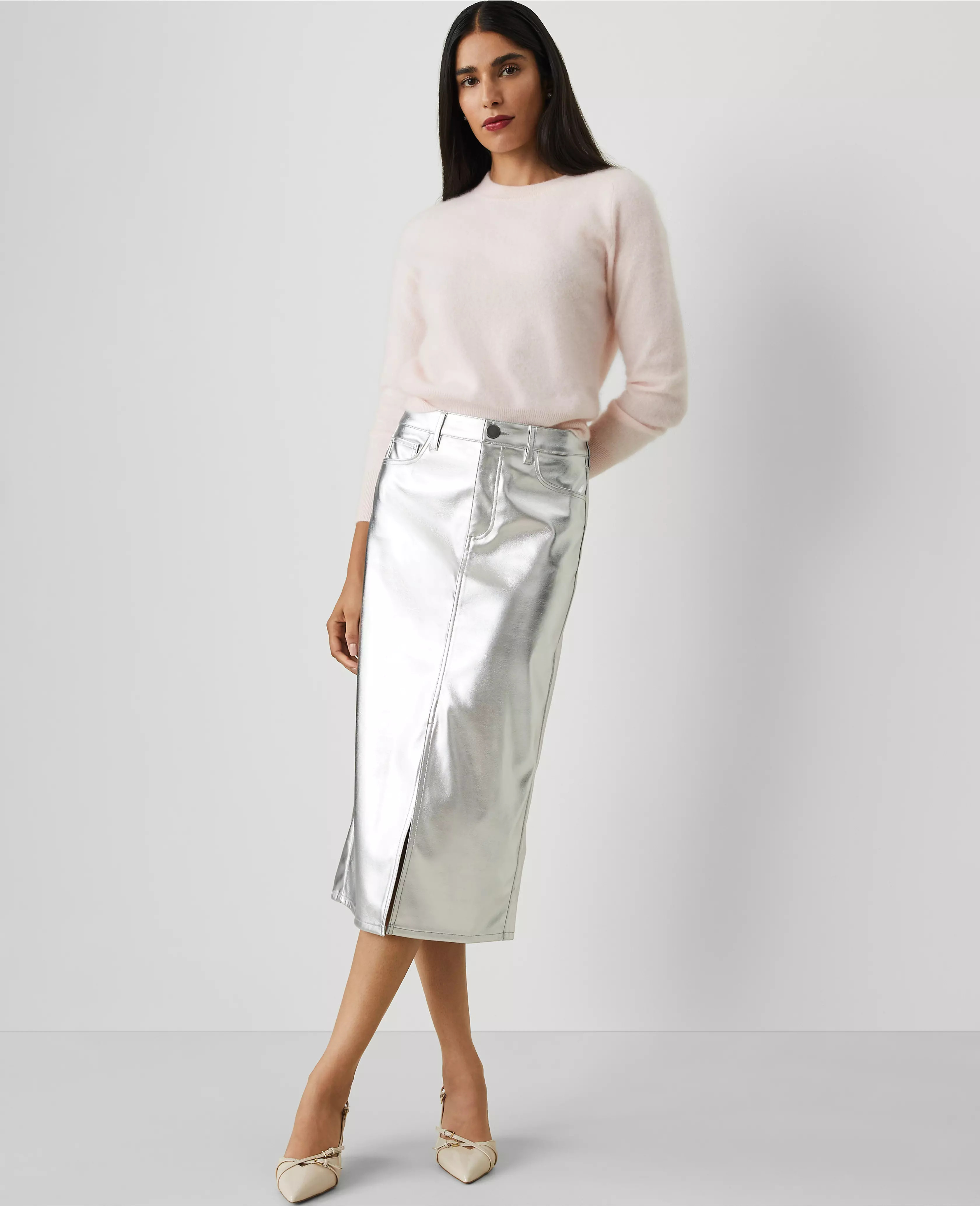 Metallic Faux-Leather Column Midi Skirt | Ann Taylor (US)