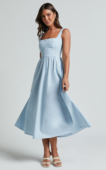 Khari Midi Dress - Linen Look Square A Line Dress in Blue | Showpo (US, UK & Europe)