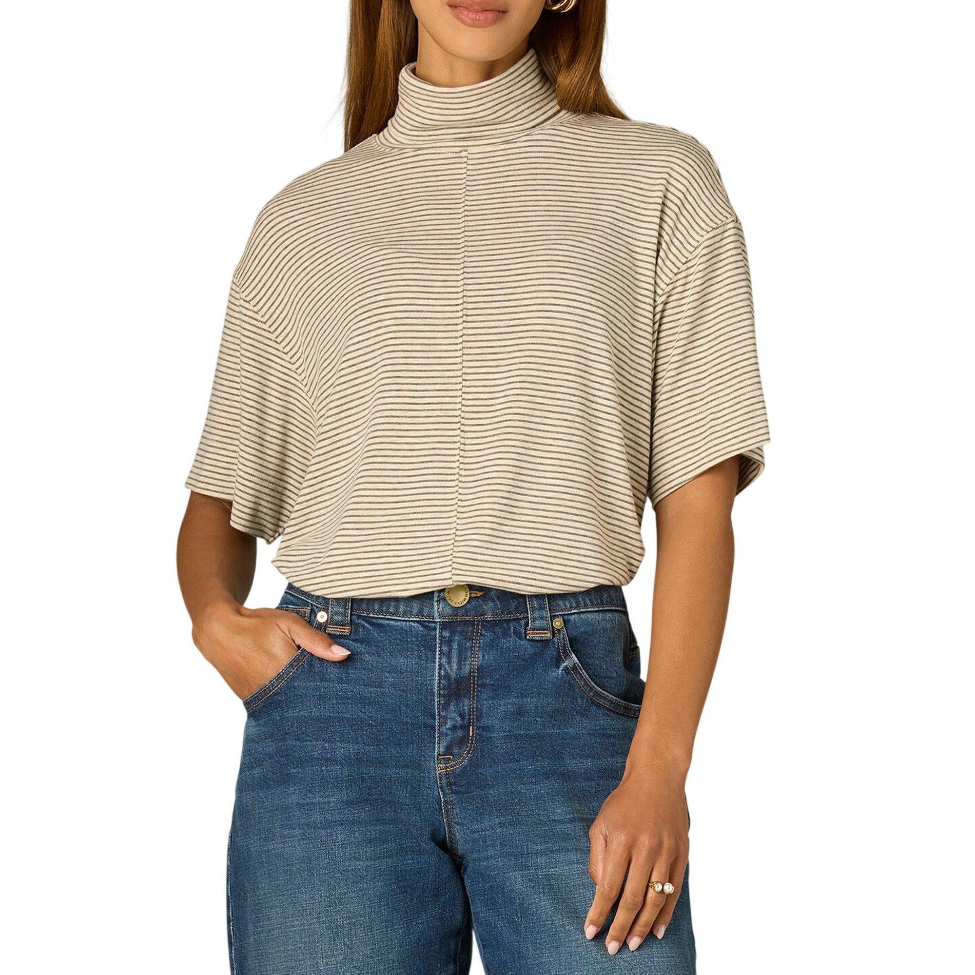 Women's Wit & Wisdom Boxy Stripe Knit 3/4 Sleeve Turtleneck Blouse Heather Cream Medium | Scheels Sports