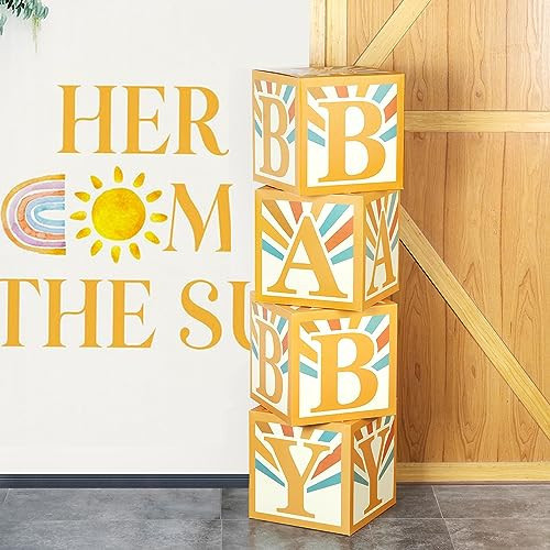 Here Comes The Son Baby Shower Decorations Boys Boho Baby Boxes- 4 Pcs Retro Sun Baby Blocks Here Comes The Son Party Supplies | Amazon (US)