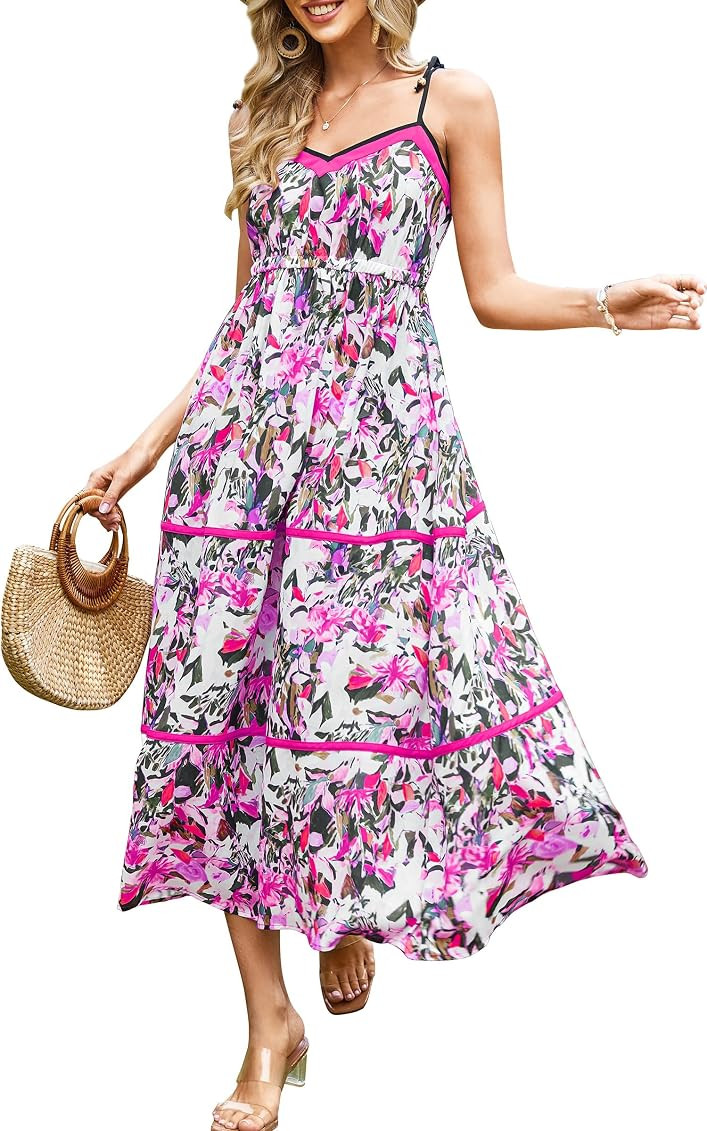 Angashion Women's Summer Boho Dresses Spaghetti Strap Floral Print V Neck Ruffle A Line Bohemian ... | Amazon (US)