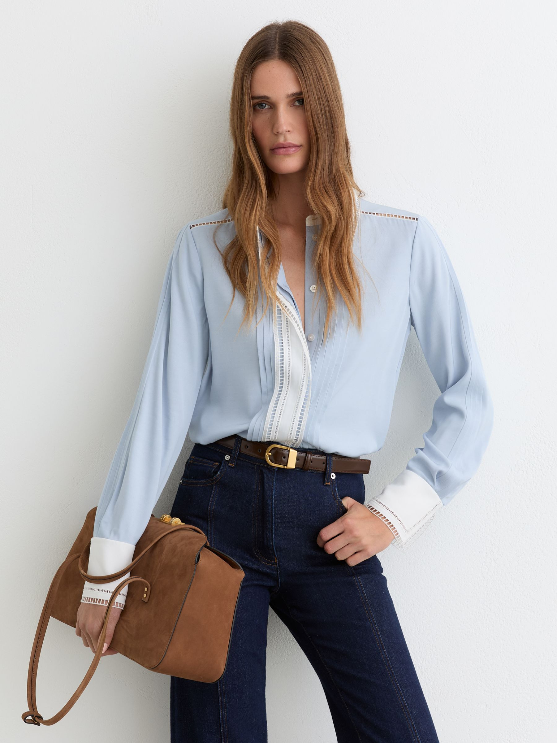 Reiss Lace-Trim Tipped Long-Sleeve Shirt in Blue/Ivory | REISS | Reiss US