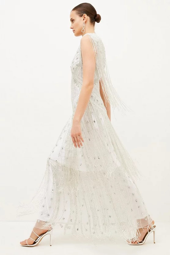 Beaded Fringed Woven Maxi Dress | Karen Millen US