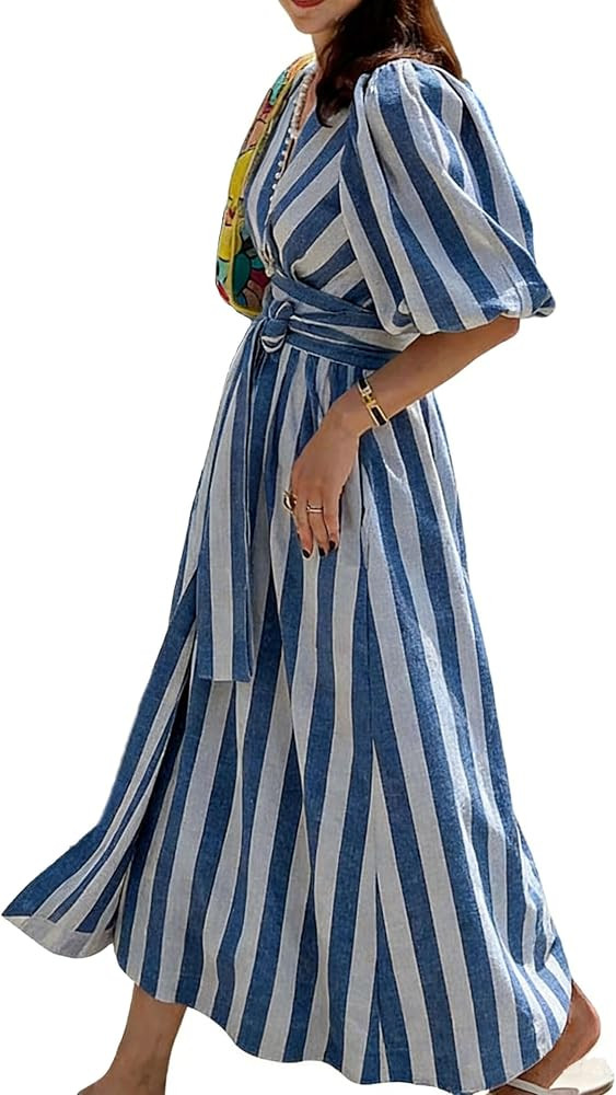 CHARTOU Women Comfy Stripes Beach Dress Summer Puff Short Sleeve Cotton Linen Long Dress with Bel... | Amazon (US)