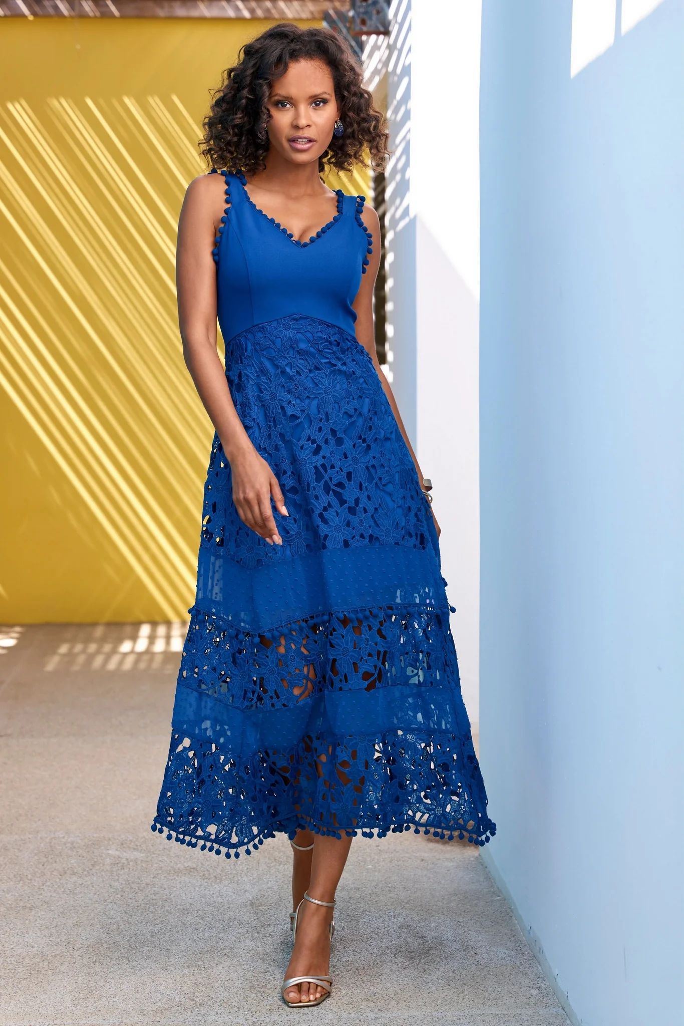Mixed Media Lace Pom Pom Dress Princess Blue | Boston Proper