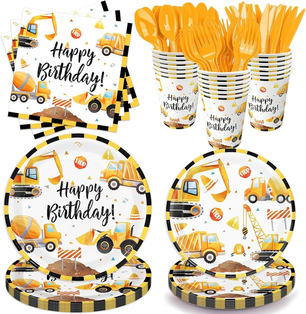 Oigco Construction Birthday Party Supplies Construction Theme Decorations Includes Plates, Cups, ... | Amazon (US)