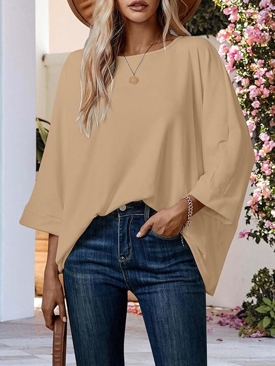 Women's 3/4 Batwing Sleeve Elegant Fall Summer Cape Blouse Scoop Neck Oversized Long Casual Tunic... | Amazon (US)