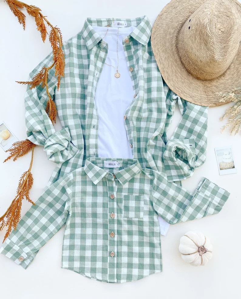 SAGE GREEN long sleeve flannel  plaid tshirt  Mommy and Me  | Etsy | Etsy (US)