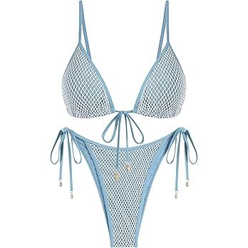 ZAFUL Women Triangle String Two Piece Bikini Fishnet Mesh Tie Shell Decor Tanga 2 Piece Swimsuit | Amazon (US)