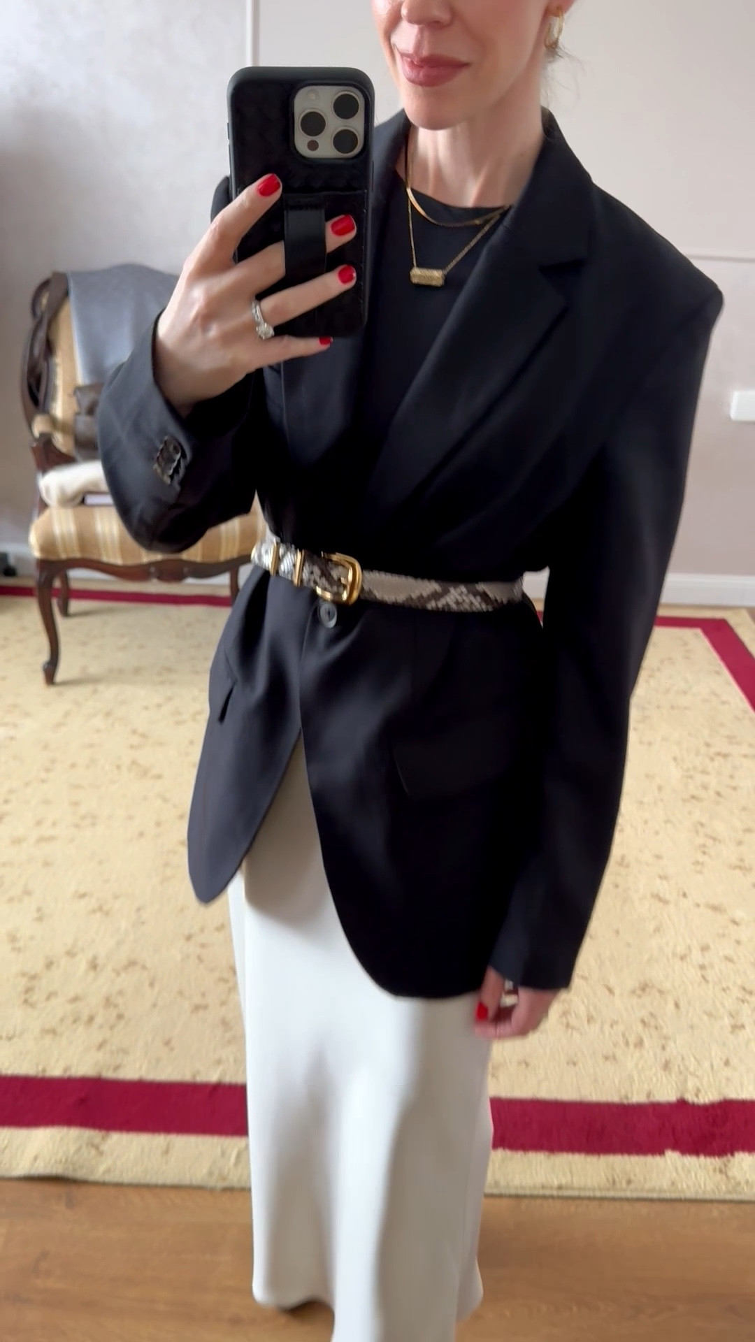 Work wear look, office look, oversized black blazer, snakeskin belt, Zara cream satin skirt, Staud Wally boots, style over 40

#LTKFindsUnder100 #LTKWorkwear #LTKOver40